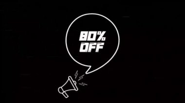 Konuşma baloncuklu megafon ve eski TV parazit ekranındaki% 80 'lik kapalı metin. Animasyon% 80 indirimli. 4K video hareketi grafiği