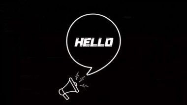 Konuşma baloncuklu megafon ve eski TV parazit ekranında merhaba mesajı. Retro Hello metninin animasyonu. 4K video hareketi grafiği