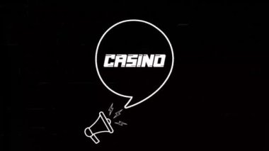 Konuşma baloncuklu megafon ve eski televizyon arızalı parazit ekranında kumarhane metni. Retro Casino metninin animasyonu. 4K video hareketi grafiği