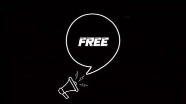 Konuşma baloncuklu megafon ve eski TV parazit ekranındaki bedava metin. Retro Free metin animasyonu. 4K video hareketi grafiği
