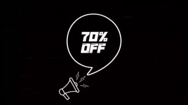 Konuşma baloncuklu megafon ve eski TV parazit ekranındaki% 70 'lik kapalı metin. Retro% 70 indirimli animasyon. 4K video hareketi grafiği