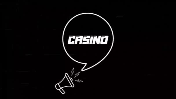 Megafoon met spraakzeepbel en casinotekst op oud tv-storingsscherm. Animatie van retro Casino tekst. 4K video motion grafisch — Stockvideo