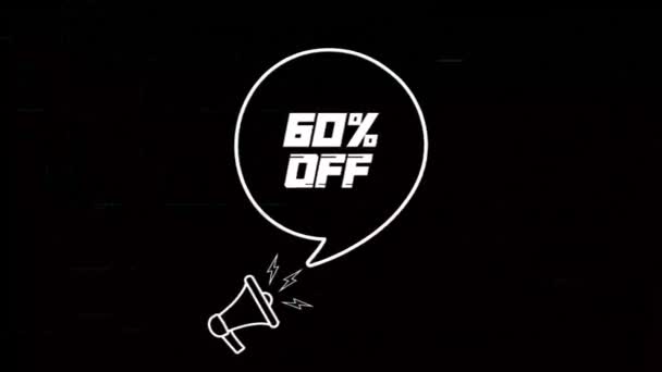 Megaphone with speech bubble and the 60 percent off text on old tv glitch interference screen. Animation of retro 60 percent off. 4K video motion graphic — Stock Video