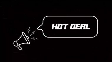 Konuşma baloncuklu megafon ve eski televizyon arızalı parazit ekranındaki Hot Deal metni. Retro Hot Deal metninin animasyonu. 4K video hareketi grafiği