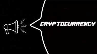 Konuşma baloncuklu megafon ve eski televizyon arızası engelleme ekranındaki kripto para birimi metni. Retro şifreleme metninin animasyonu. 4K video hareketi grafiği