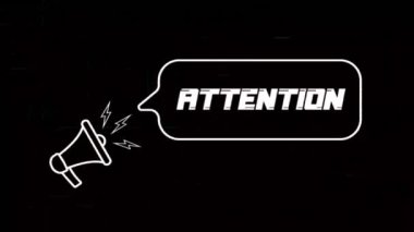 Konuşma baloncuklu megafon ve eski TV parazit ekranındaki Dikkat metni. Retro dikkat metninin animasyonu. 4K video hareketi grafiği