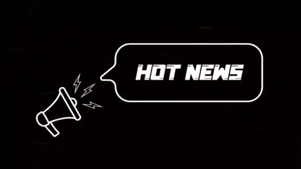Konuşma baloncuklu megafon ve eski televizyon arızalı parazit ekranındaki Hot News metni. Retro sıcak haber metninin animasyonu. 4K video hareketi grafiği — Stok video