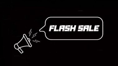 Konuşma baloncuklu megafon ve eski televizyon arızalı parazit ekranında Flash satışı metni. Retro flash satış metninin animasyonu. 4K video hareketi grafiği