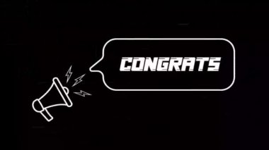 Konuşma baloncuklu megafon ve eski televizyon arızası engelleme ekranındaki tebrikler metni. Retro animasyon tebrik metni. 4K video hareketi grafiği