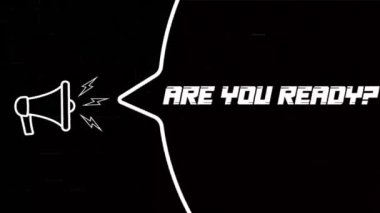 Konuşma baloncuklu megafon ve eski televizyon arızası engelleme ekranında hazır mısın mesajı. Retro animasyonu hazır mısın? 4K video hareketi grafiği