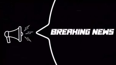 Konuşma baloncuklu megafon ve eski televizyon arızalı parazit ekranında son dakika haberleri. Retro flaş haber metninin canlandırması. 4K video hareketi grafiği