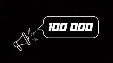 Konuşma baloncuklu megafon ve eski TV parazit ekranındaki 100.000 numara. Retro 100.000 abonenin animasyonu metni. 4K video hareketi grafiği