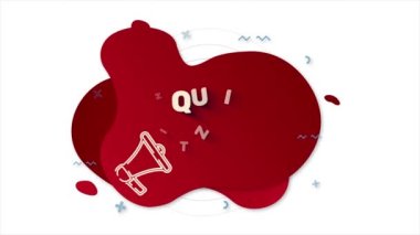 Mesaj Quiz zamanı ile megafon. Kırmızı arka planda soyut geometrik şekilli Memphis tarzı pankart. Afiş ve megafonla ana hatlarını çiz. 4K video hareketi grafiği