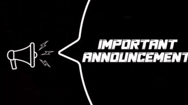 Konuşma baloncuklu megafon ve eski televizyon arızası engelleme ekranındaki önemli duyuru metni. Retro önemli duyuru metninin animasyonu. 4K video hareketi grafiği