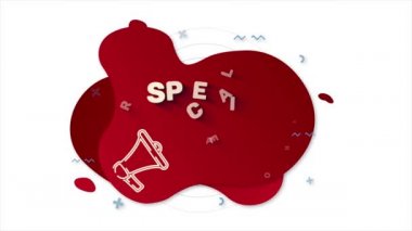 Özel mesajlı megafon. Kırmızı arka planda soyut geometrik şekilli Memphis tarzı pankart. Afiş ve megafonla ana hatlarını çiz. 4K video hareketi grafiği