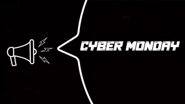 Megafon mit Sprechblase und Cyber-Monday-Text auf altem TV-Störbildschirm. Animation des Retro-Cyber-Monday-Textes. 4K Video Motion Grafik — Stockvideo