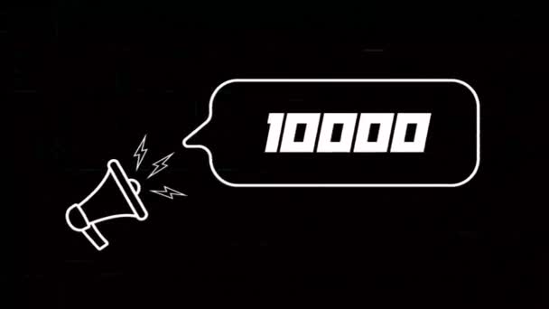 Megaphone with speech bubble and the number 10K on old tv glitch interference screen. Animation of retro 10000 subscribers text. 4K video motion graphic — Stock Video