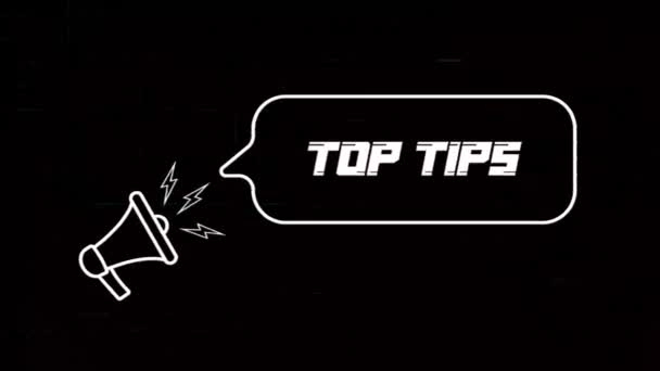 Megafon mit Sprechblase und dem Top-Tip-Text auf dem alten TV-Störbildschirm. Animation von Retro Top Tips Text. 4K Video Motion Grafik — Stockvideo