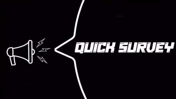Megaphone พร้อมฟองคําพูดและข้อความสํารวจอย่างรวดเร็วบนหน้าจอการรบกวนทีวีเก่า แอนิเมชั่นของข้อความสํารวจย้อนหลังอย่างรวดเร็ว กราฟิกการเคลื่อนไหววิดีโอ 4K — วีดีโอสต็อก