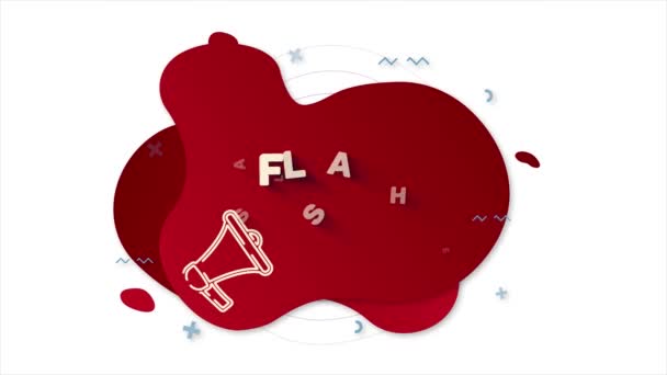 Megáfono con venta de texto Flash. Banner de estilo Memphis con formas geométricas abstractas sobre fondo rojo. Banner y contorno de elementos redondos con megáfono. 4K video gráfico de movimiento — Vídeo de stock