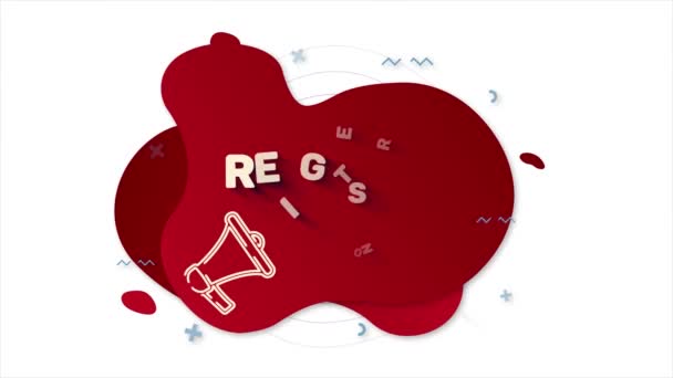 Megafone com texto Registre-se agora. Banner estilo Memphis com formas geométricas abstratas em fundo vermelho. Banner e delinear elementos redondos com megafone. Gráfico de movimento de vídeo 4K — Vídeo de Stock