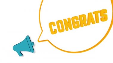 Beyaz arka planda üç boyutlu konuşma baloncuklu megafon. Mesajı tebrik ederim. Hoparlör. 4K video hareketi grafiği