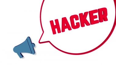 Beyaz arka planda üç boyutlu konuşma baloncuklu megafon. Hacker mesajı. Hoparlör. 4K video hareketi grafiği