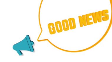 Beyaz arka planda üç boyutlu konuşma baloncuklu megafon. İyi haber mesajı. Hoparlör. 4K video hareketi grafiği