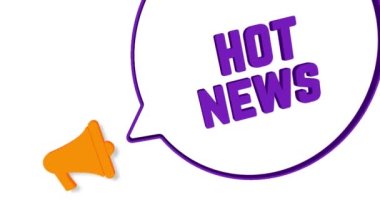 Beyaz arka planda üç boyutlu konuşma baloncuklu megafon. Sıcak haber metni. Hoparlör. 4K video hareketi grafiği