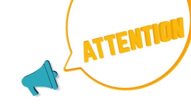 Beyaz arka planda üç boyutlu konuşma baloncuklu megafon. Dikkat mesaj. Hoparlör. 4K video hareketi grafiği