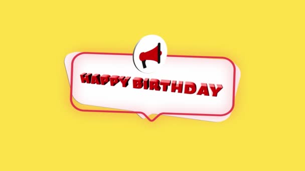 3d realistic style megaphone icon with text Happy Birthday isolated on yellow background. Megaphone with speech bubble and happy birthday text on flat design. 4K video motion graphic — Stock Video