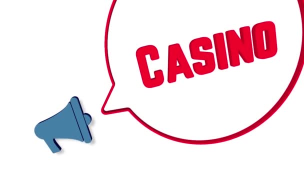 Megafon mit Sprechblase im 3D-Stil auf weißem Hintergrund. Casino-Text. Lautsprecher. 4K Video Motion Grafik — Stockvideo