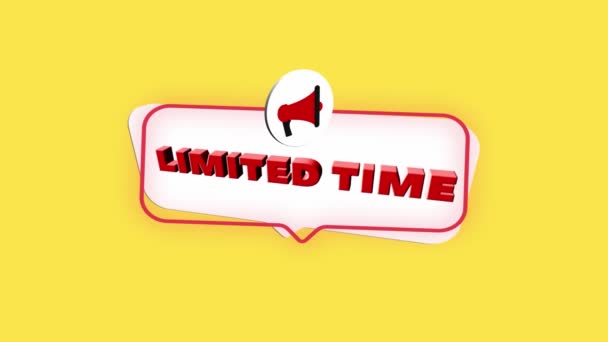 3d realistic style megaphone icon with text Limited time isolated on yellow background. Megaphone with speech bubble and limited time text on flat design. 4K video motion graphic — Stock Video