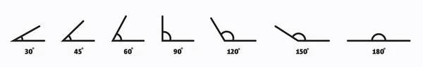 Angle line art set di icone. 180, 150, 120, 90, 60, 45 30, misura del grado. Elemento di design geometrico matematico. Architetto tecnico vuoto. Modelli di trigonometria. Segno del triangolo. Illustrazione vettoriale — Vettoriale Stock