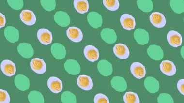 Yeşil arka planda renkli tavuk yumurtası deseni. Pop sanat tasarımı. Yumurtayla kusursuz desen. Üst Manzara. Gerçekçi animasyon. 4K video hareketi