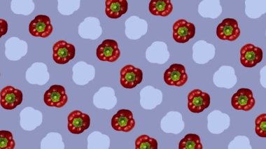 Mor arka planda taze kırmızı biber deseni. Üst Manzara. Paprika ile kusursuz desen. Pop sanat tasarımı. Gerçekçi animasyon. 4K video hareketi