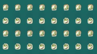 Yeşil arka planda Japon suşisinin renkli deseni. Suşi ile kusursuz desen. Philadelphia ruloları. Üst Manzara. Gerçekçi animasyon. 4K video hareketi