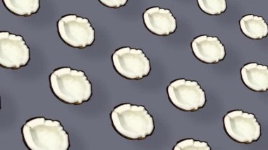 Renkli hindistan cevizi deseni. Üst Manzara. Minimum tropikal meyve yaz konsepti. Hindistancevizli kusursuz desen. Gerçekçi animasyon. 4K video hareketi