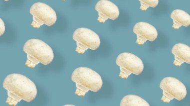 Mavi arka planda gölgeli taze mantar deseni. Şampiyon ile kusursuz desen. Üst Manzara. Gerçekçi animasyon. 4K video hareketi