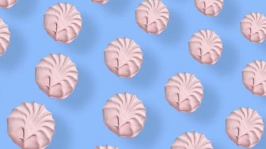 Mavi arkaplanda gölgeli pembe zephyr deseni. Zephyr 'le kusursuz bir düzen. Şekerleme. Üst Manzara. Gerçekçi animasyon. 4K video hareketi