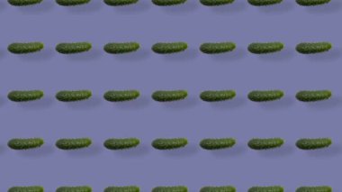 Mor arka planda gölgeli taze salatalık deseni. Salatalıklı kusursuz desen. Gerçekçi animasyon. 4K video hareketi