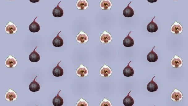 Színes gyümölcs minta friss füge lila háttér. Zökkenőmentes minta fügével. Reális animáció. 4K videó mozgás — Stock videók