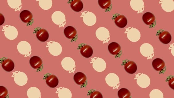 Taze kırmızı domateslerin renkli deseni. Kiraz domatesli kusursuz desen. Pop sanat tasarımı. Gerçekçi animasyon. 4K video hareketi — Stok video
