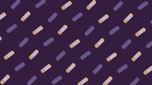 Bunte Muster von Pflaster auf violettem Hintergrund. Nahtloses Muster mit Gips. Ansicht von oben. Realistische Animation. 4K-Videobewegung — Stockvideo