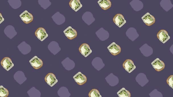 Kleurrijk patroon van Japanse sushi rollen op violette achtergrond. Naadloos patroon met sushi. Philadelphia rolt. Bovenaanzicht. Realistische animatie. 4K video beweging — Stockvideo