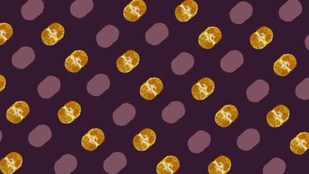 Colorful fruit pattern of fresh tangerines. Seamless pattern with tangerine. Mandarine. Top view. Pop art design. Realistic animation. 4K video motion — Stockvideo