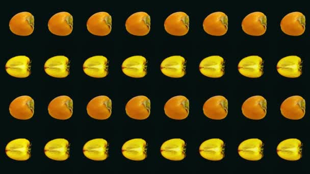 黒を基調とした新鮮なオレンジ柿のカラフルな模様。最上階だ。柿とのシームレスなパターン。ポップアートのデザイン。現実的なアニメーション。4Kビデオモーション — ストック動画