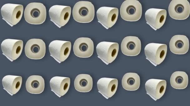 Kolorowy wzór rolek białego papieru toaletowego odizolowanych na szarym tle. Płynny wzór z papierem toaletowym. Widok góry. Realistyczna animacja. Ruch wideo 4K — Wideo stockowe