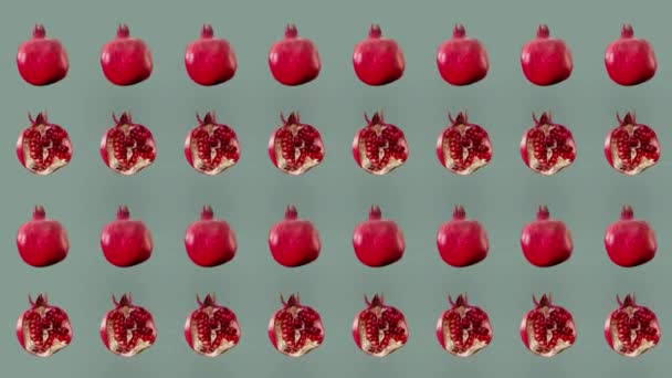 Barevný vzor čerstvých granátových jablek. Minimální koncept tropického ovoce. Bezešvý vzor s červeným granátovým jablkem. Pop art design. Realistická animace. Pohyb videa 4K — Stock video