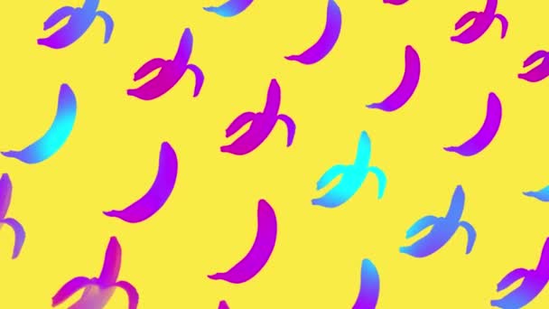 Банановый узор в ярких голографических неоновых цветах градиента. Концептуальное искусство. Минимальный сюрреализм. Бесшовный рисунок с бананом. Реалистичная анимация. 4K видео движение — стоковое видео